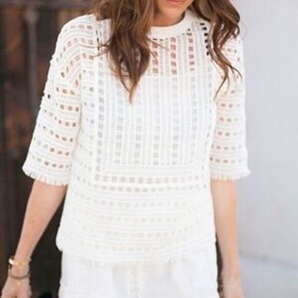 Tory Burch Ivory Open Knit Crochet Lace Short Sleeve Top Size Medium - Picture 1 of 14
